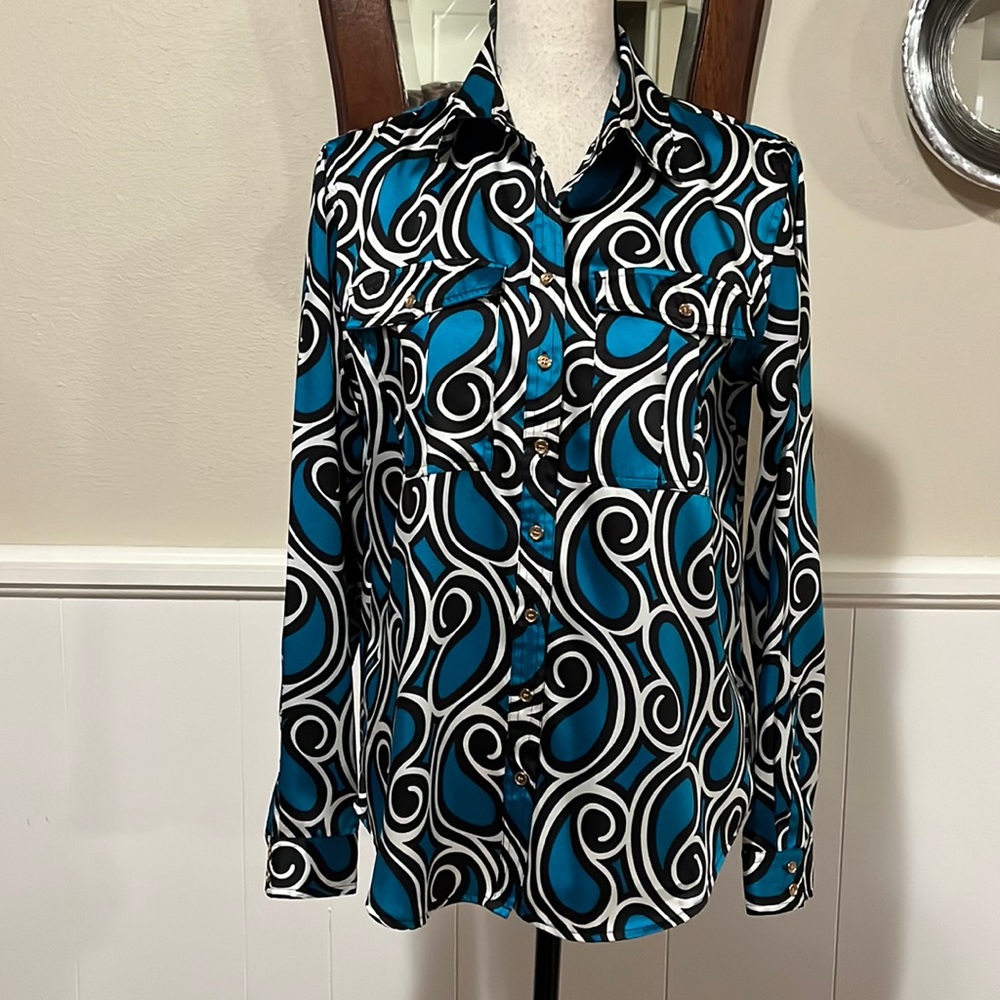 Charter Club Teal Black White Swirl Button-Front Blouse